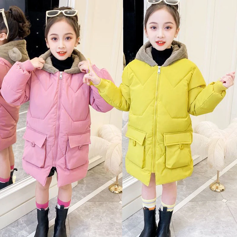 

Зимняя сохраняющая тепло куртка для девочек, подкладка с милыми медвежьими ушками, мягкое плотное пальто с капюшоном для детей, детская вер...