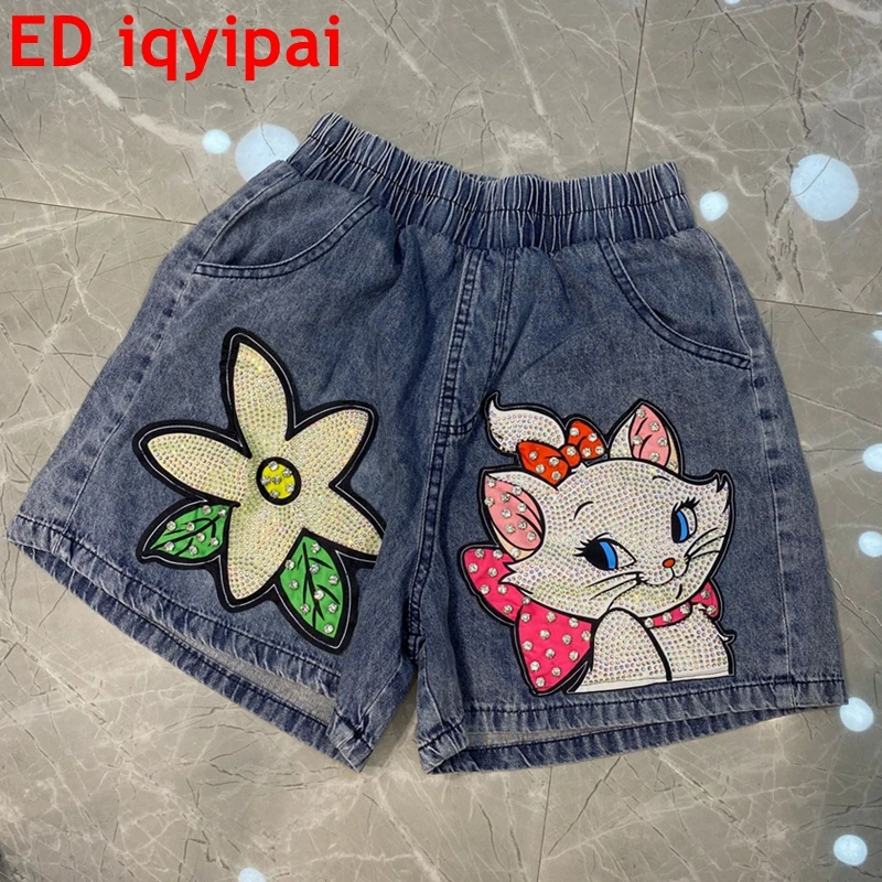 

ED iqyipai Girls Cute Cartoon Shimmer Shorts Elastic Waist Denim Shorts Casual Summer Jeans Hot Pants For Teensage Shorts