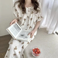 cotton bear cartoon print summer nightgown korean soft long nightdress sleepwear short sleeve ruffles buttons kawaii homewear