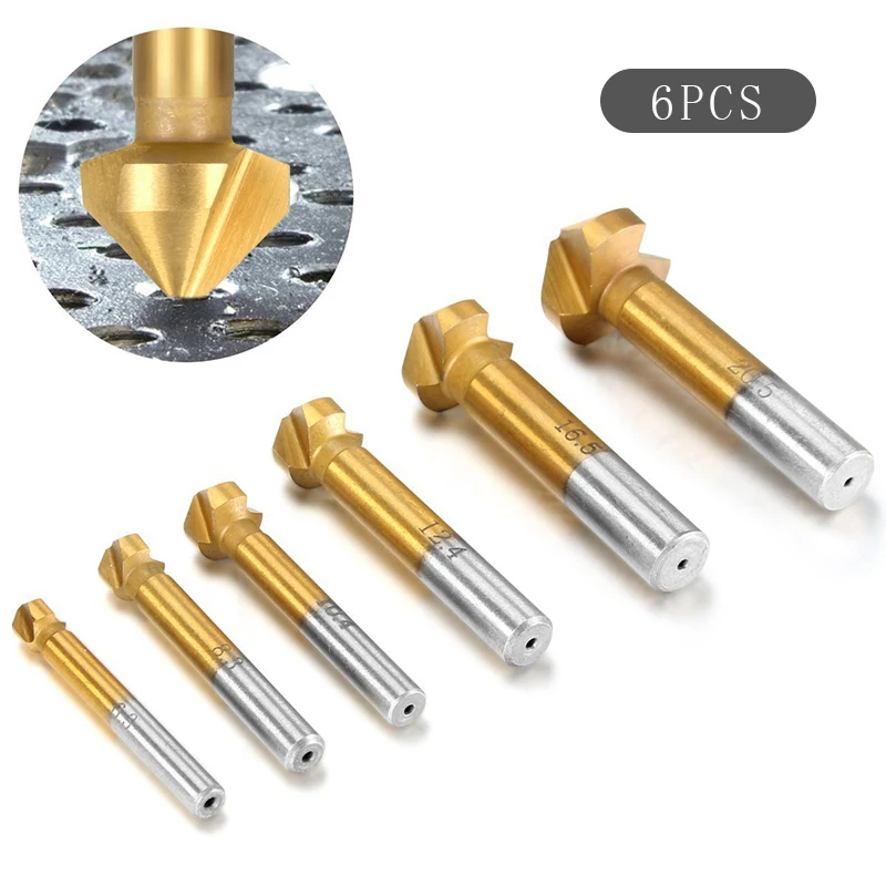 

6pcs 6.3-20.5MM Titanium Round Shank 3 Flute 90 Degree HSS Chamfer Chamfering Cutter End Mill Tool Countersink Drill Bit