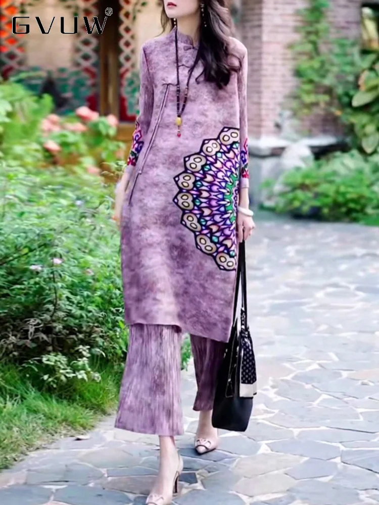 

GVUW Print Pleated Two Piece Set For Women Chinese Style Long Top Wide Leg Pants 2023 Autumn New Female Retro Clothing 17G1808