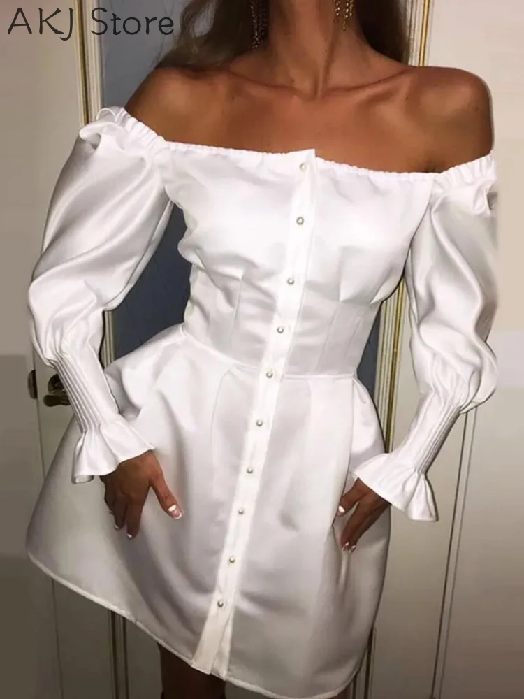 

Women Sexy Puff Sleeve Buttoned Casual Dress
