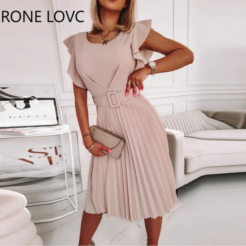 

Женское повседневное однотонное рабочее платье миди с круглым вырезом и короткими рукавами-фонариками со складками