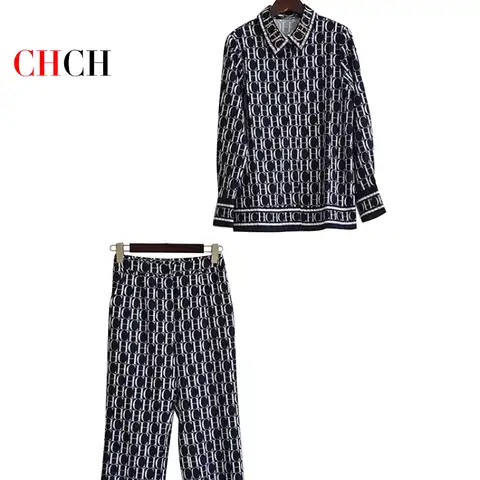 CHCH 2023 Women's Shirt set Fashion Spring Summer Women Blue Beading Diamonds Letters Printed Shirt High Waist Pants Elegant Set