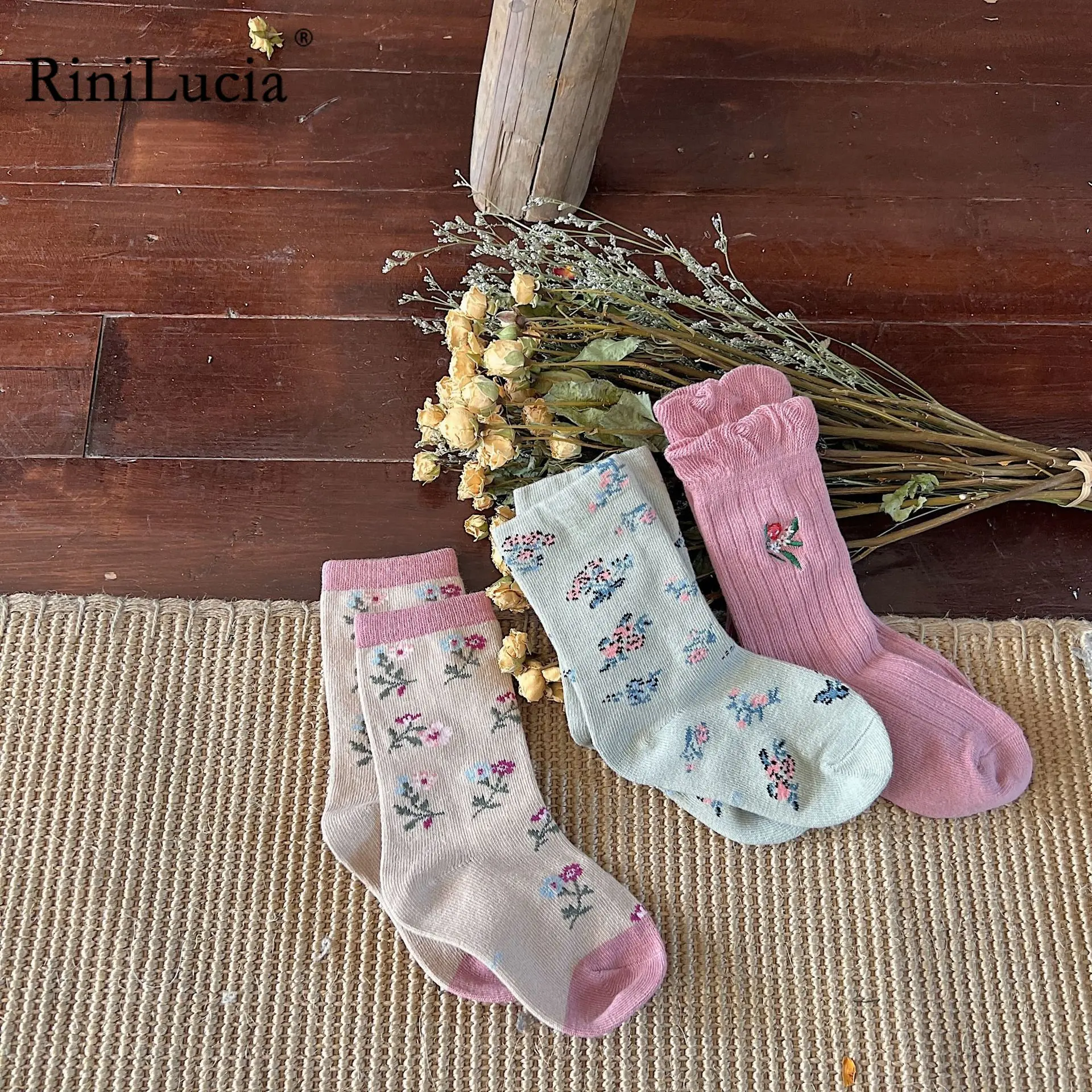 

RiniLucia 2022 Autumn 3 Pairs/Lot Infant Sock Cute Floral Newborn Baby Socks Non-slip Girls Baby Socks Floor Socks Kids Sock