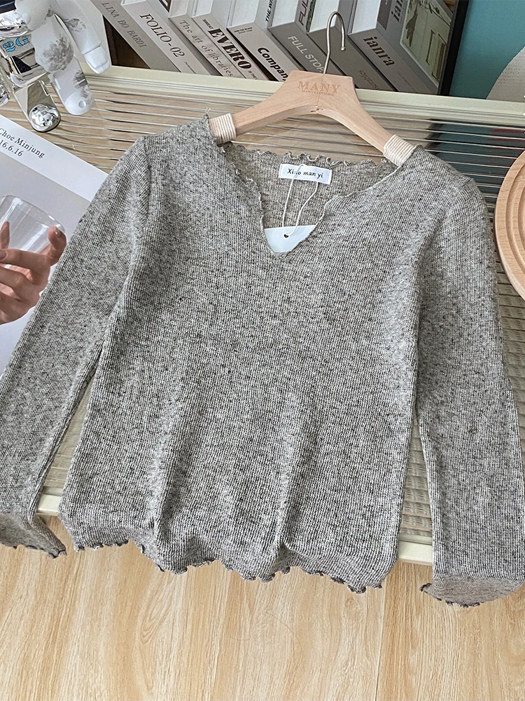 Женский серый пуловер свитер футболка Harajuku корейский кашемировый с длинными
