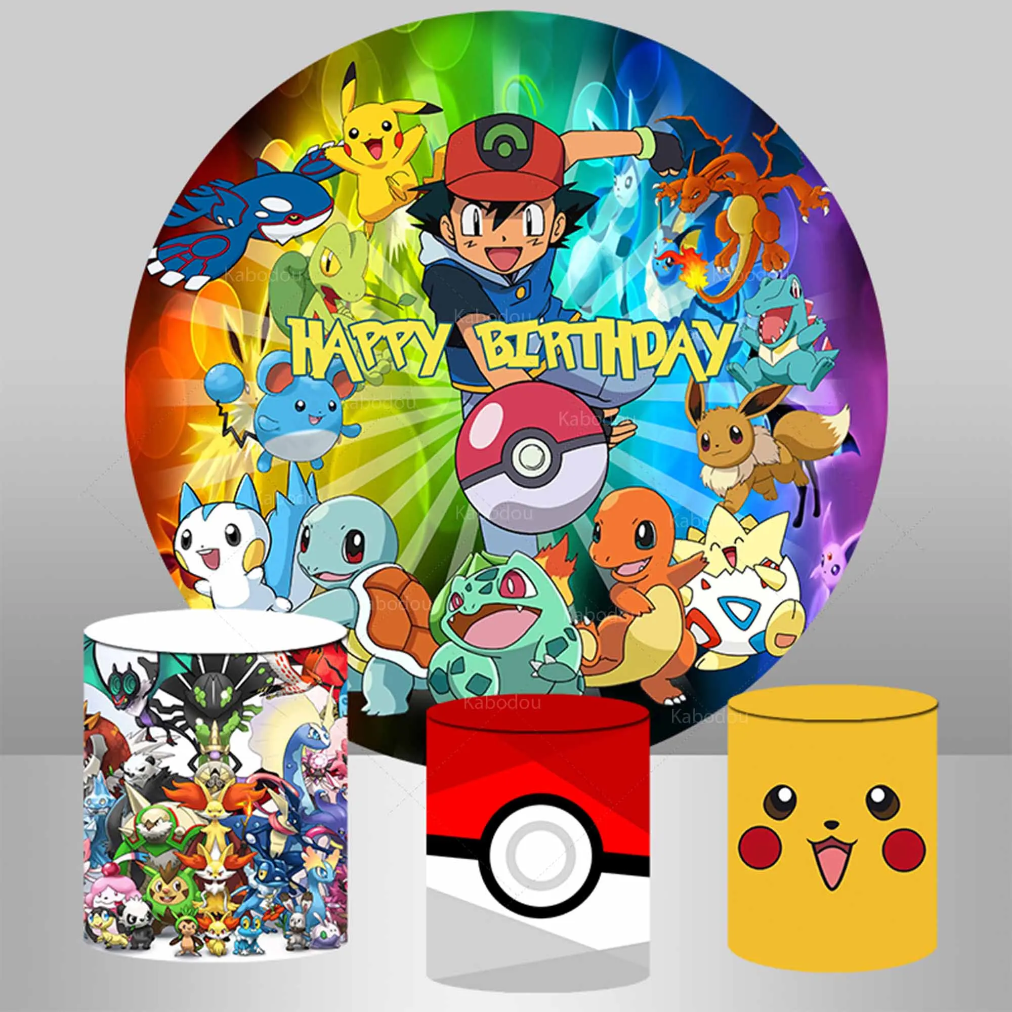 

Pokemon Birthday Party Backdrops Round Covers Decor Kids Baby Shower Background Pocket Monster Pikachu Cylinder Elastic Props