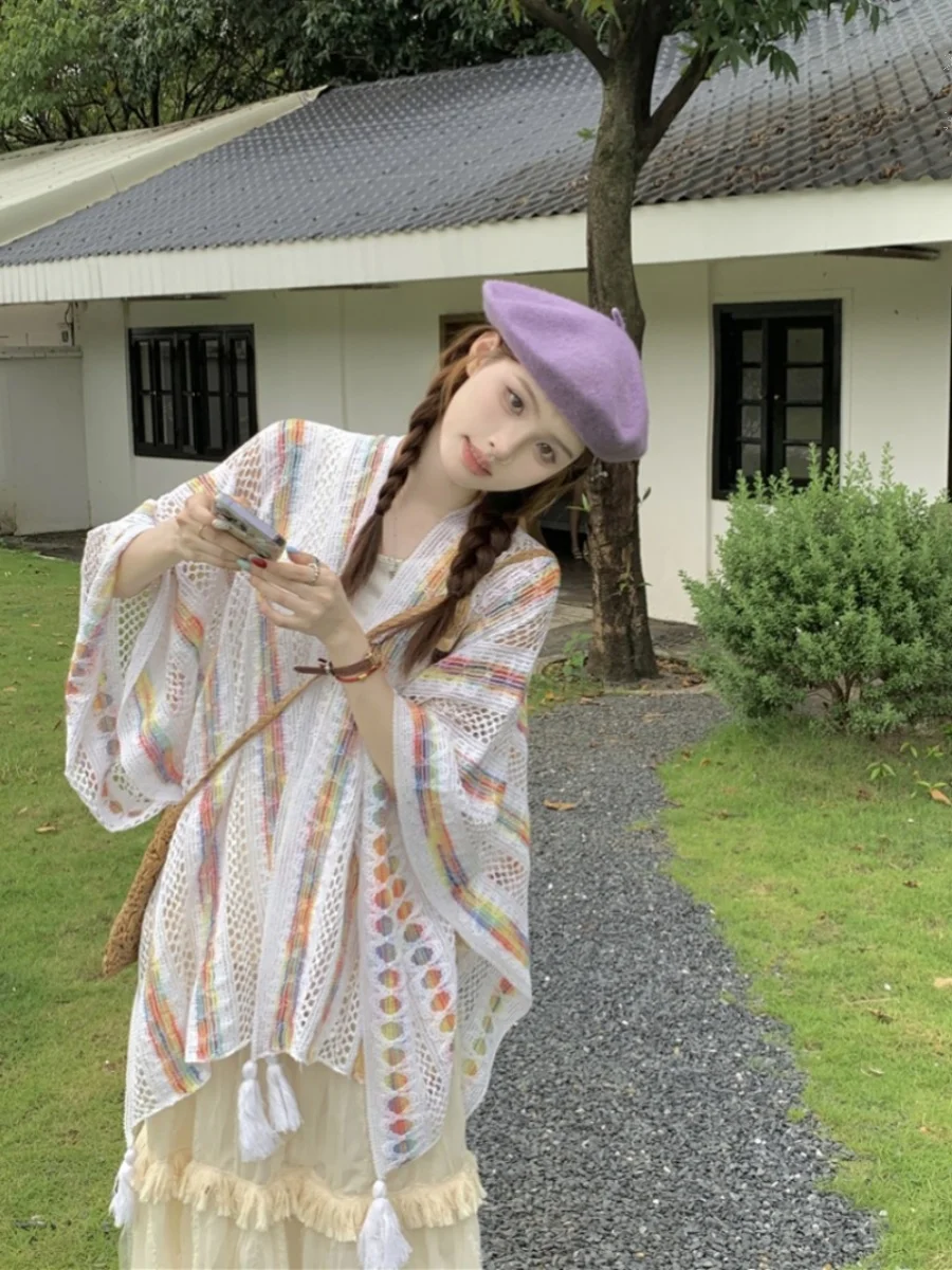 Gaganight женский вязаный кардиган в радужную контрастную полоску с кисточками