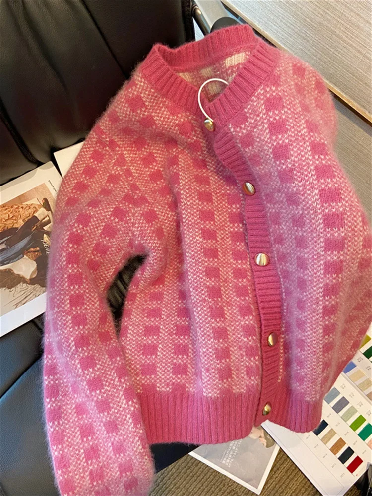 

Vintage Korean Gentle Plaid Knitted Cardigan Casual Slim Temperament Pink Short Sweater Coat 2022 Women's Autumn Winter New Coat