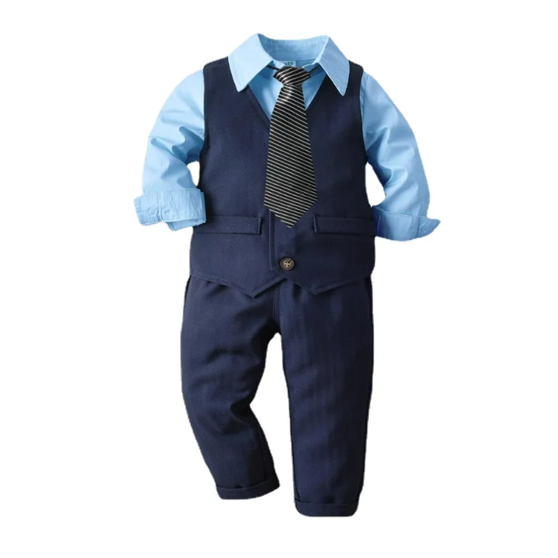 Купи 2022 New Baby Suit Childrens Suits 4Pcs/Set Kids Baby Boys Business Suit Solid Shirt+ Pants + Vast + Tie Set for Boys 2-8 Age за 1,409 рублей в магазине AliExpress
