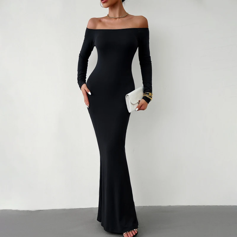 

Sexy Women Long Maxi Dress Autumn Winter Slash Neck Full Sleeve Slim Mermaid Club Party Dress