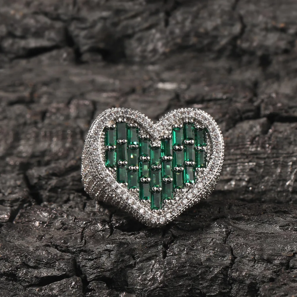 Фото Новое красочное полное сердце T CZ Style Bling Bling Iced Out Zircon Mirco Pave Prong Setting Латунное кольцо Хип-хоп Ювелирные изделия BR101 №2