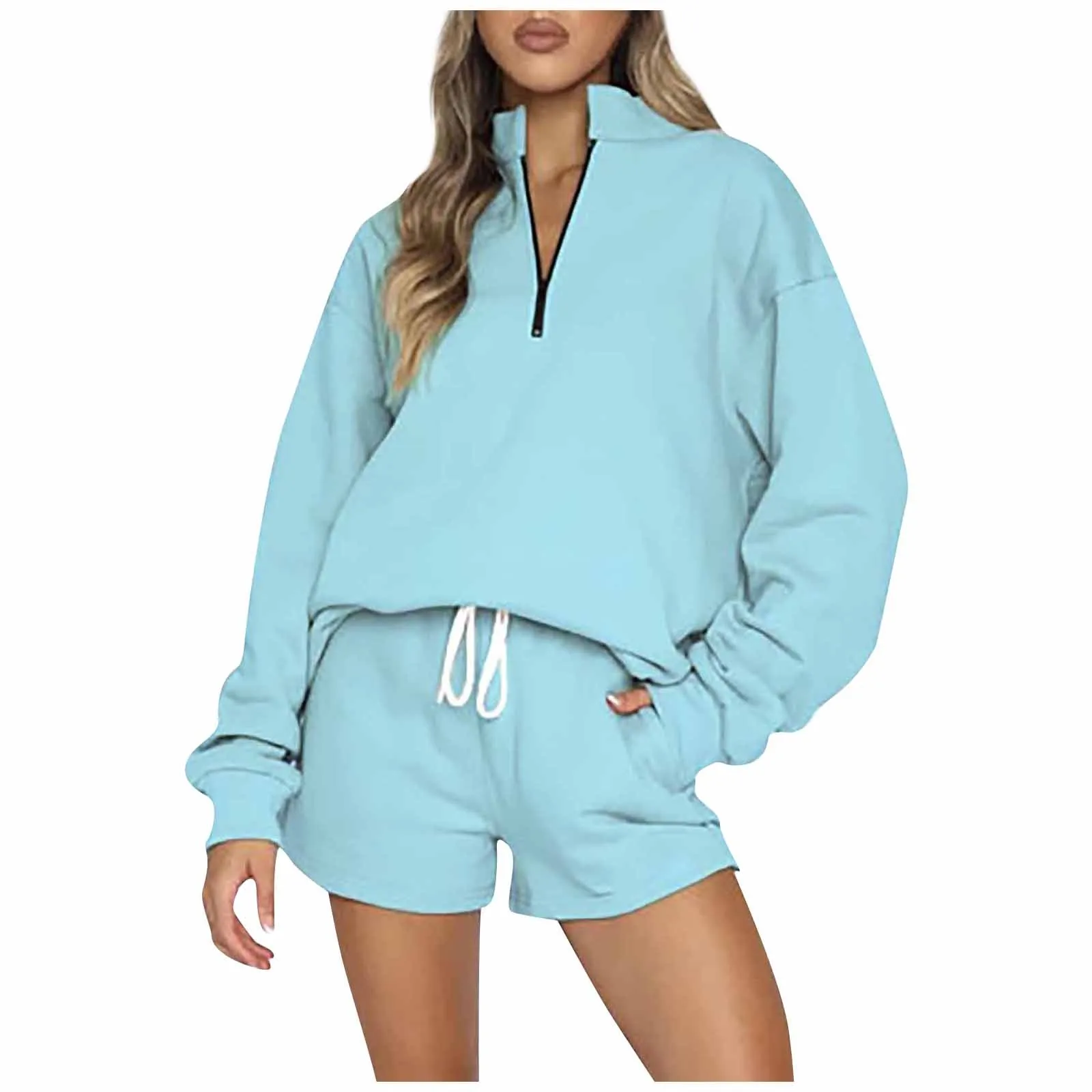 

Women's Solid Color Stand Collar Zipper Pullover Long Sleeve Suit Sports Shorts Home Pajama Set Two Piece Sets Streetwear