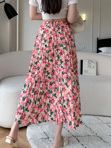 SURMIITRO Long Midi Skirt Women 2023 Summer Korean Fashion Red Floral Print Elegant Aesthetic High Waist Skirt Female