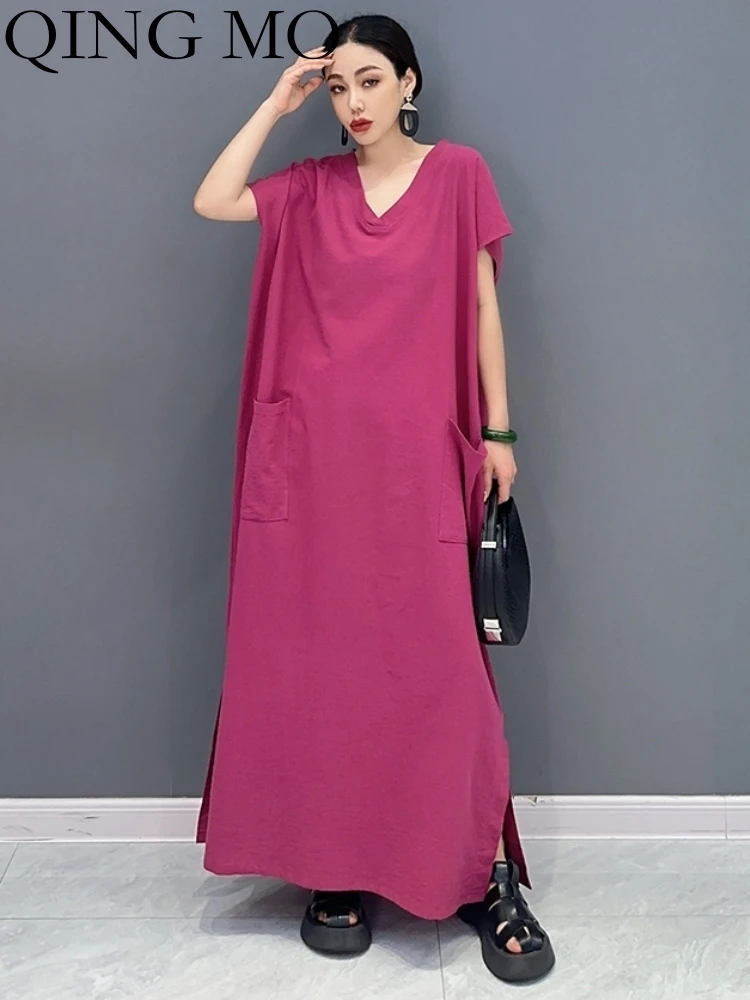 QING MO 2023 Summer New Women V-neck Loose Solid Color Dress Fashion Trendy Girl Red Short Sleeve Casual Dress ZY142A