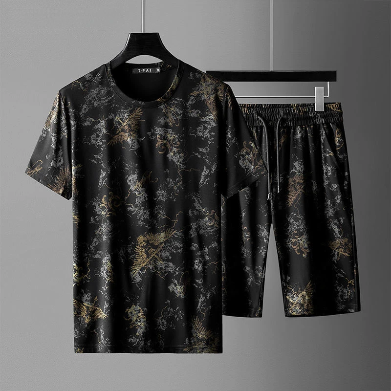 

High-end European light luxury dark print leisure suit men's 2022 summer fashion sports short sleeve shorts two-piece suit new