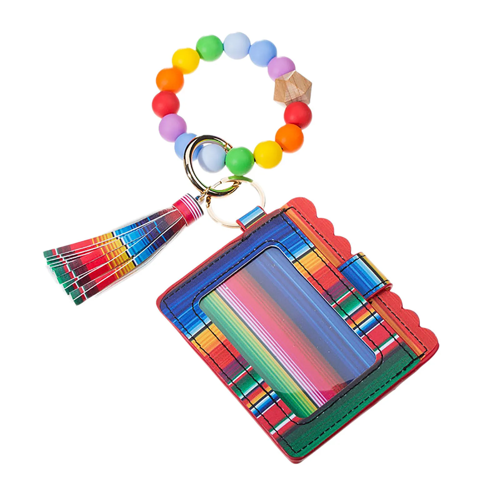 

Wristlet Keychain Bracelet Credit Card Holder Wallet Key Ring Silicone Tassel Keychain Beaded Bangle For Women Gifts