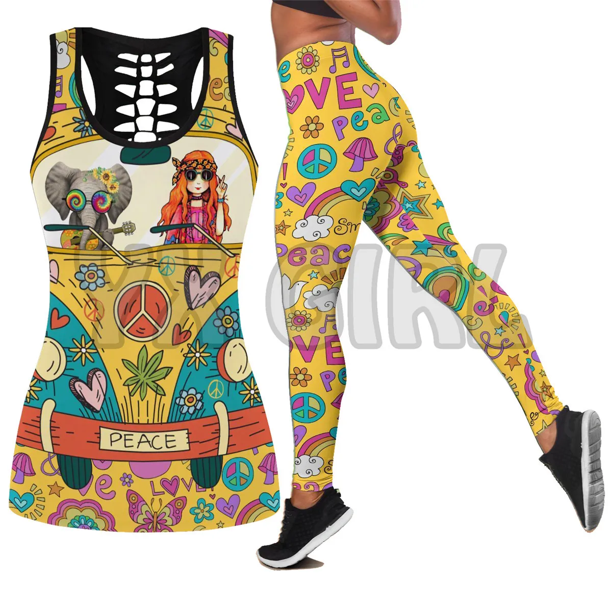 Hippie Girl With Elephant  3D Printed Tank Top+Legging Combo Outfit Yoga Fitness Legging Women