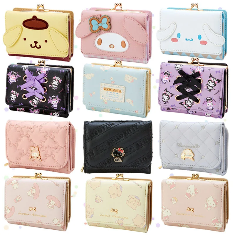 Cartoon Anime Figure My Melody Cinnamoroll Kuromi Purin Dog PU Fold Coin Purse Kawaii Cute Wallet Handbag Card Storage Bag Gifts