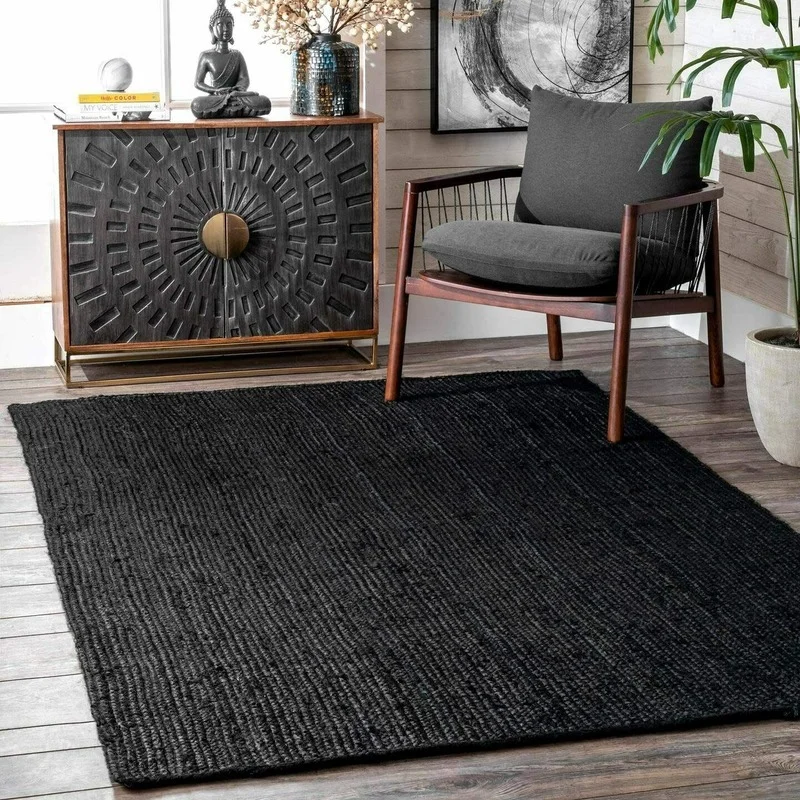 Rug Jute Black Rectangle 100% Handmade Home Decor Runner Braided Style Carpet Rug
