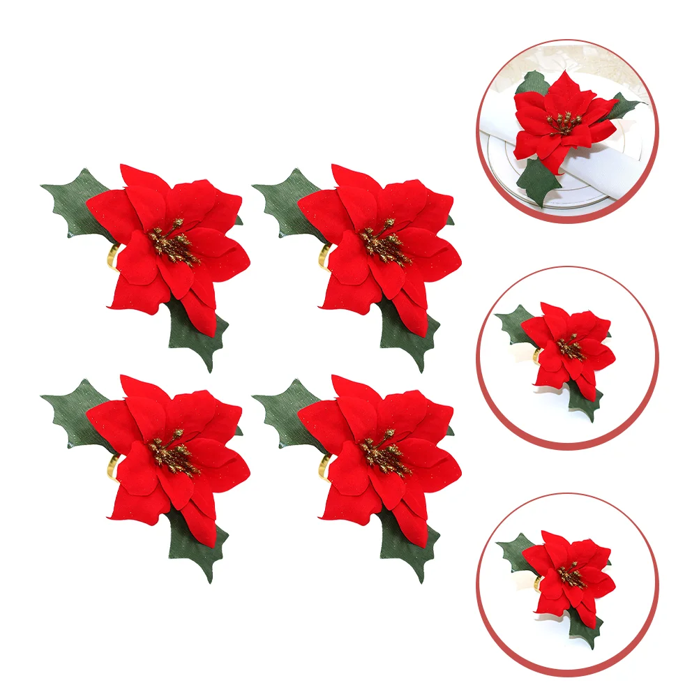 

4Pcs Christmas Napkin Ring Flower Napkin Buckles Decorative Serviette Rings Floral Napkin Holders for Xmas Wedding Shower Table