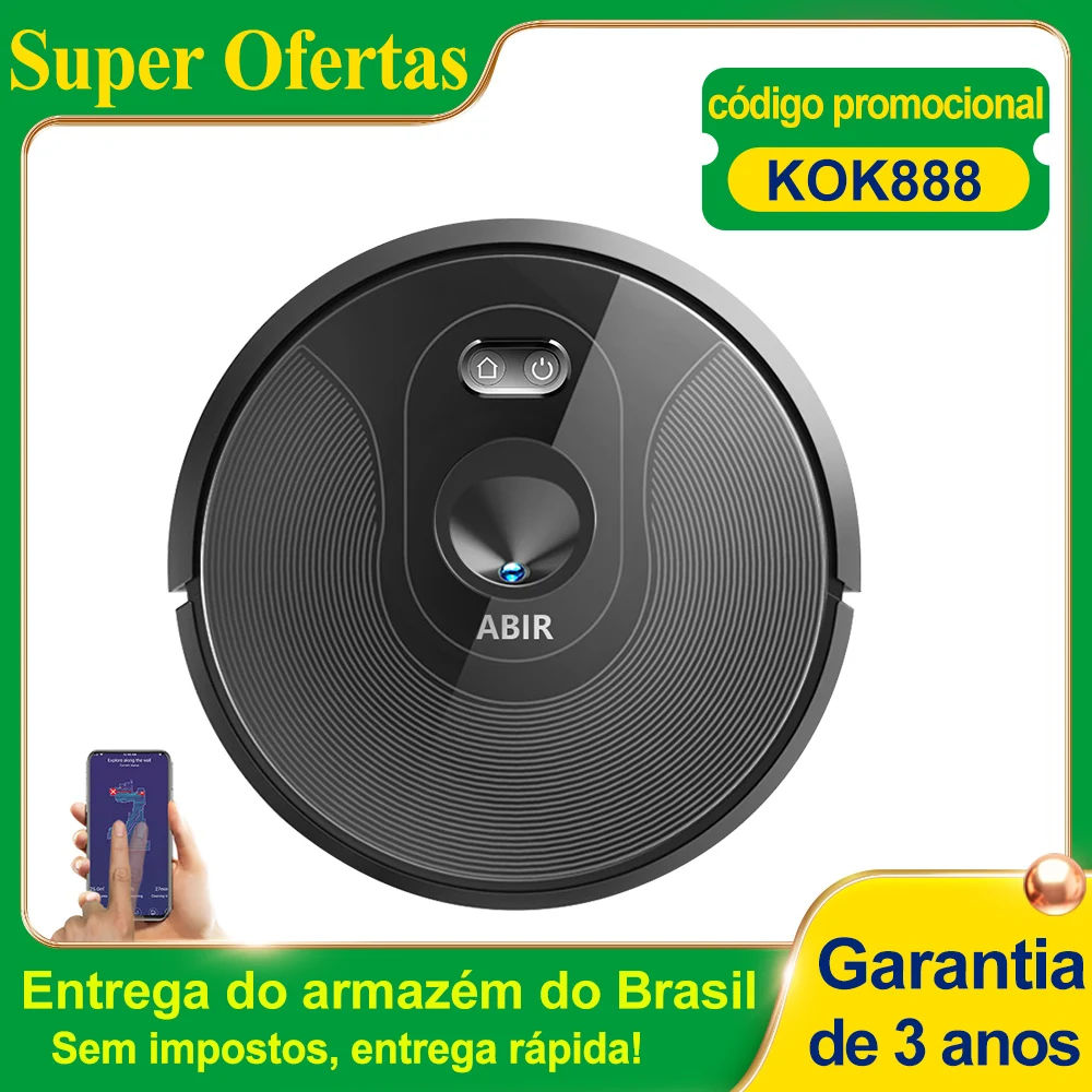 Robô aspirador de pó ABIR X6 com navegação visual tripla, sucção 6000pa, software de parede virtual, limpeza de zona, desinfecção com esfregão úmido, memória de mapa, compatível com Alexa, Google Home