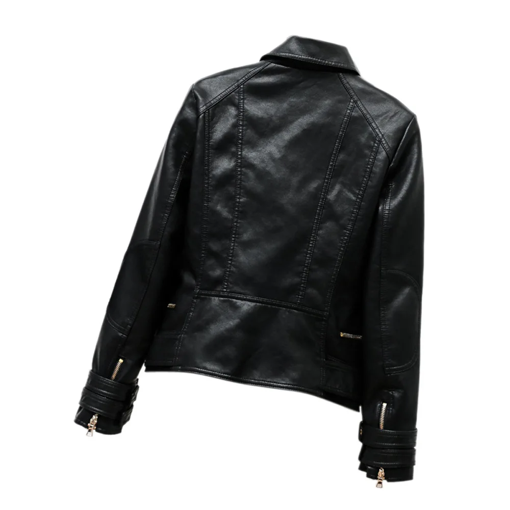 Lapel belt double-breasted Zipper leather slim-fit coat short motorcycle leather jacket