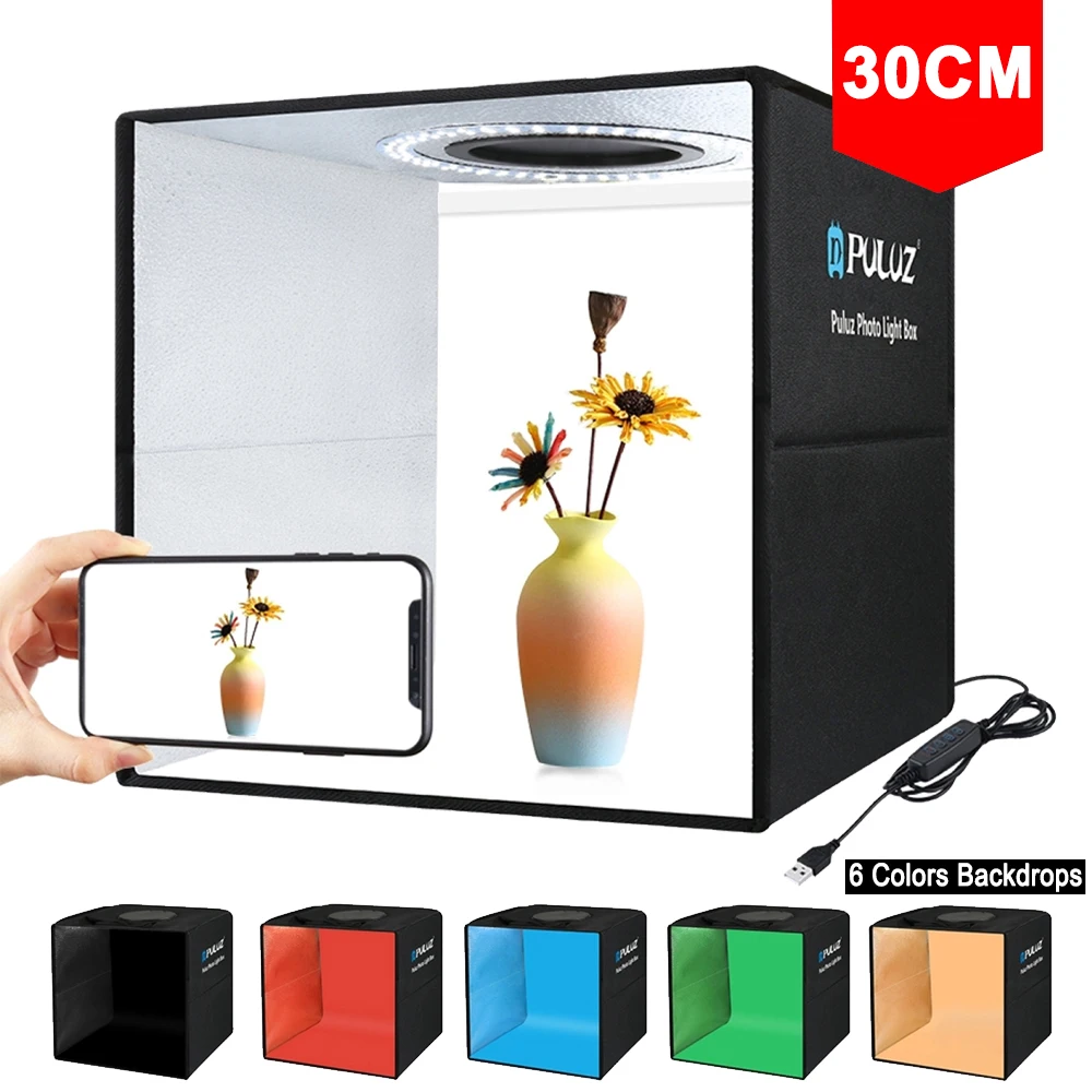 

PULUZ Photo Studio Box Portable Photography Lightbox Ring LED 3 Mode Light Shooting Tent Box Kit & 6/12 Colors Backdrop Softbox