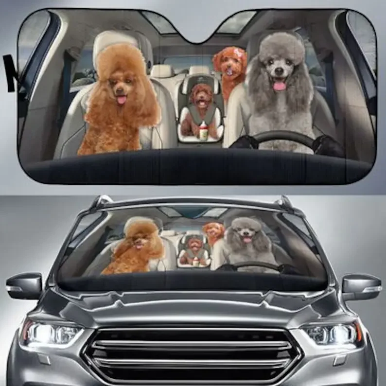 

Poodle Family Funny Safe Driver Auto Sun Shade Personalized Sunshade, Customized Gift Custom Animal Pattern Sunshade,