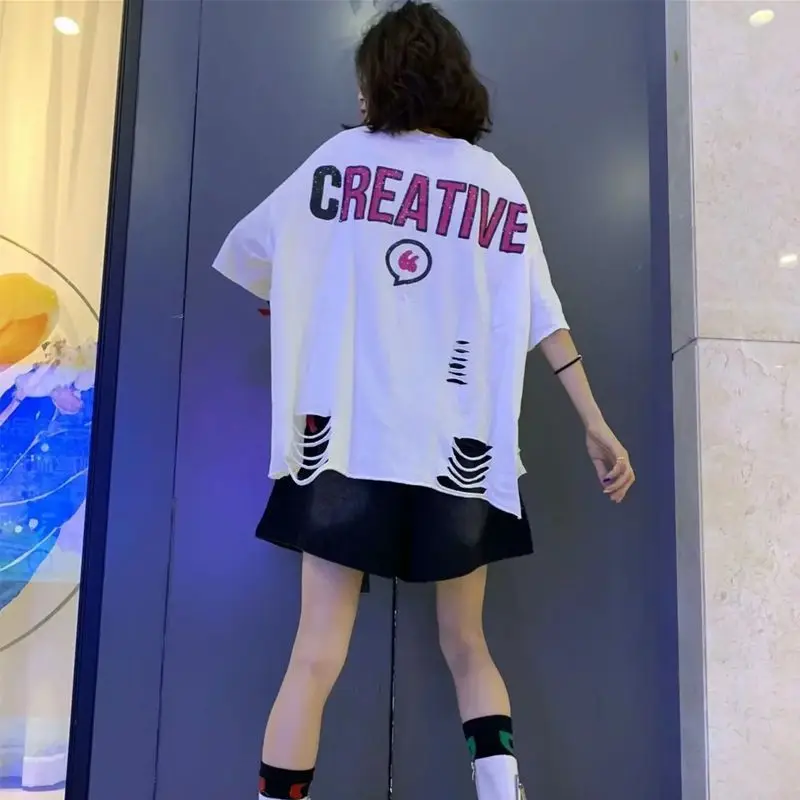 2023 Summer New Creative Printed Alphabet Ripped Personality Top Fashion Short Sleeve Shorts Casual Trend Hip Hop Two-Piece Suit