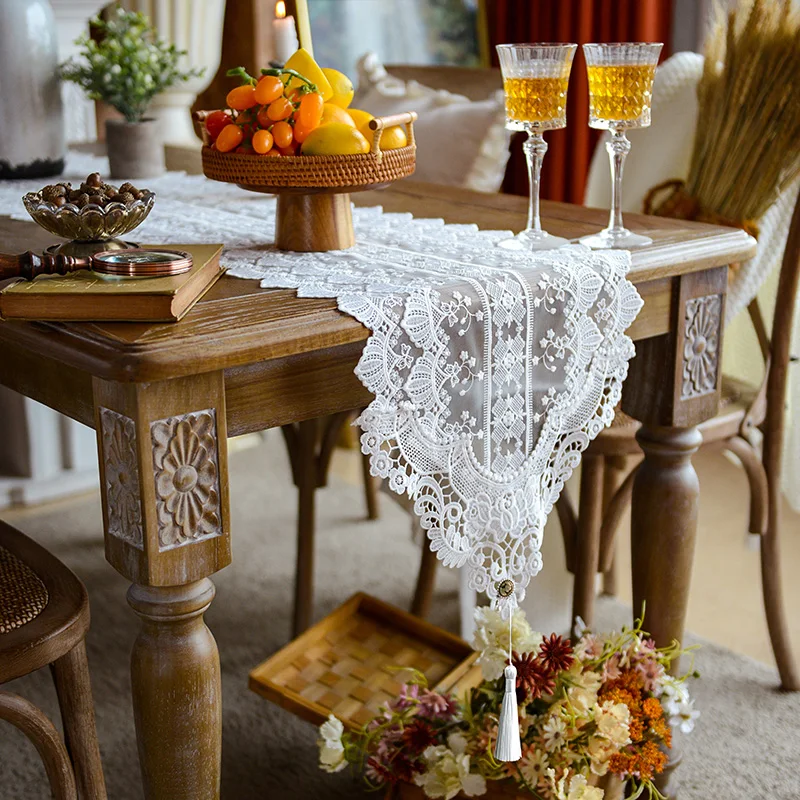 

For Dinning Table White Lace Table Runner with Lace European Style Decorative Tablecover Embroidery White Lace Cover Long Drapes