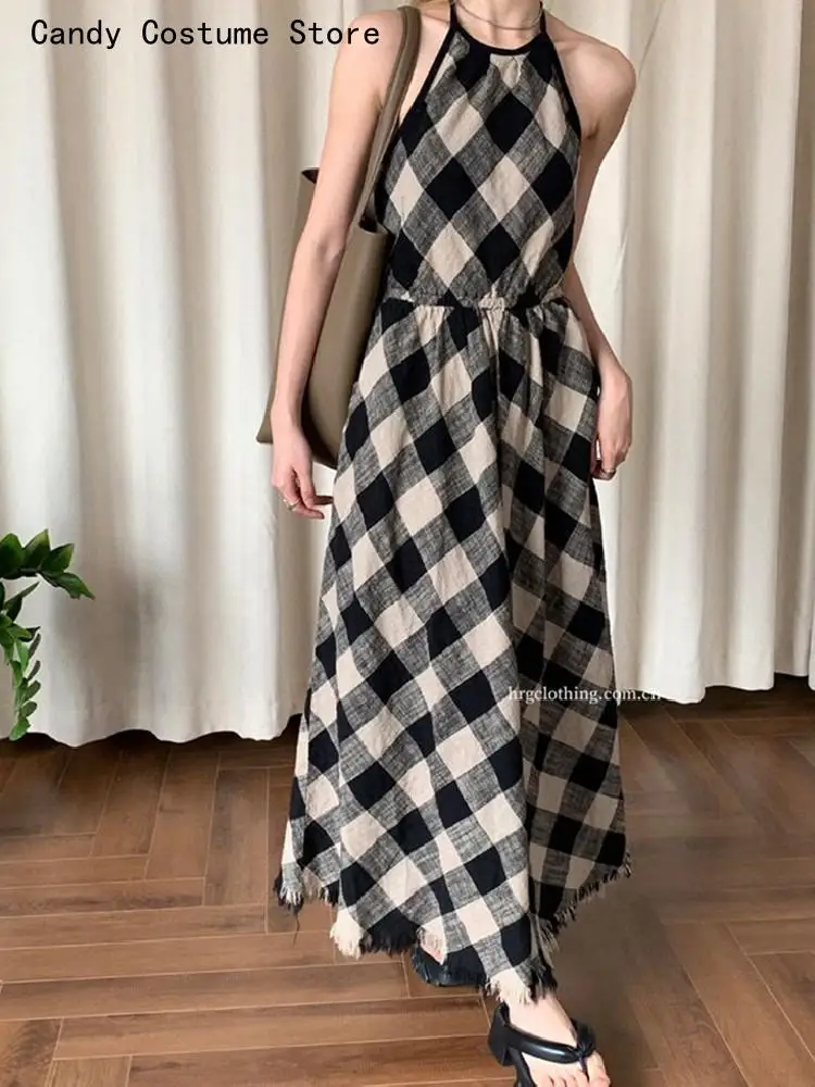

Casual Summer Dresses Women Dress Sleeveless Sexy Backless Dress Long Skirt Ladies Plaid Chic Elegant Woman Dress Lady