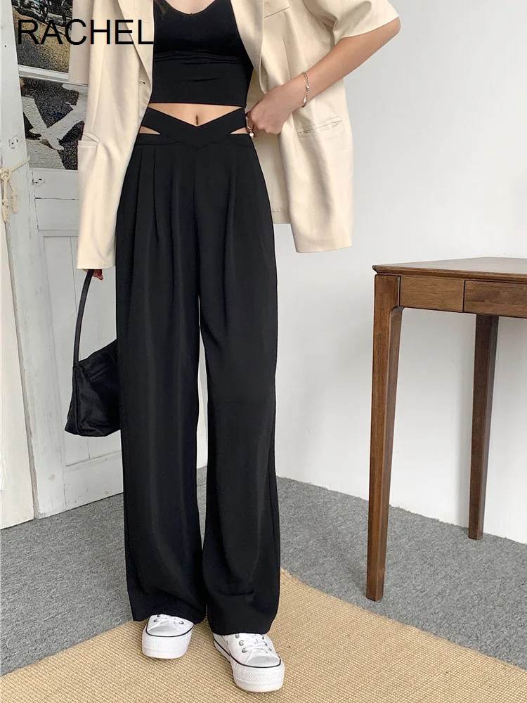 

Черные Костюмные брюки, женский свободный стиль, блестящая юбка с высокой талией