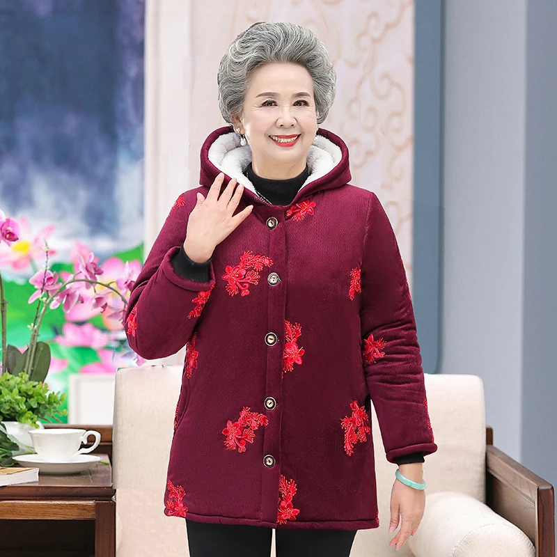 2022 Grandma Thicken Middle Aged Elderly Women Winter Coat Hooded Fleece Grandma Cotton Jacket Warm Mid-Long Mother Parka XL-5XL