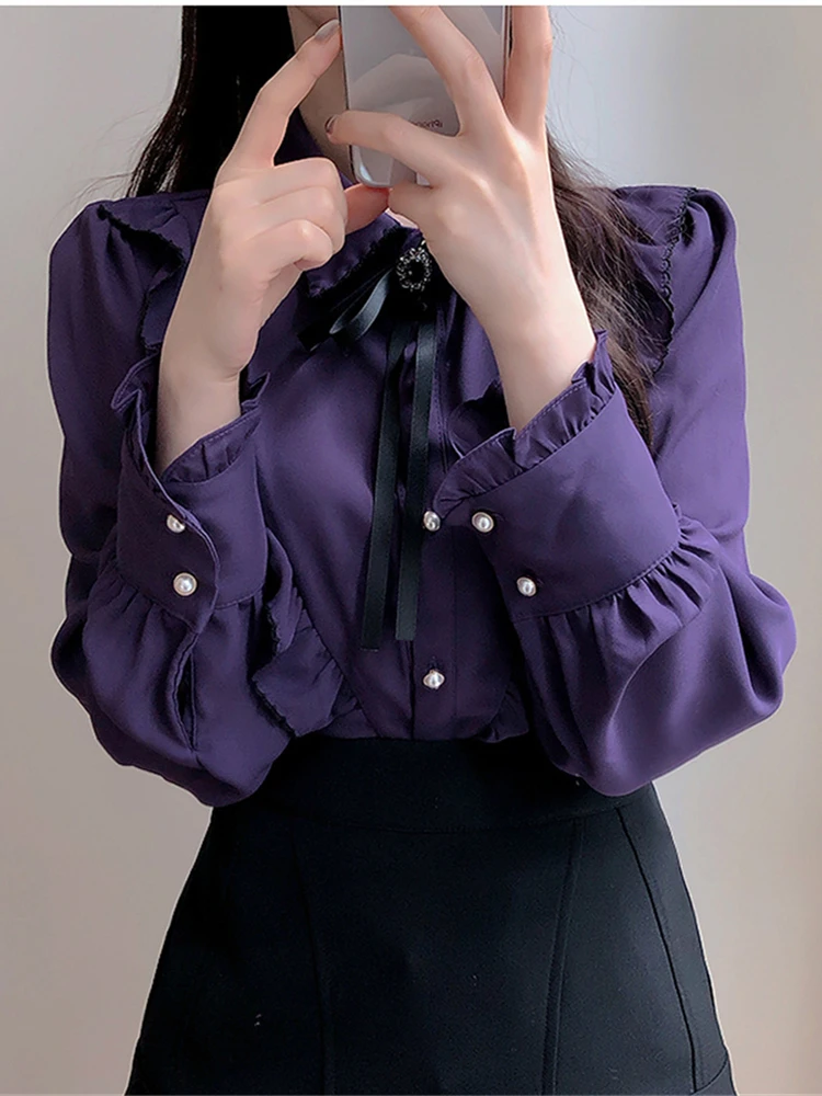 

Рубашка Alien Kitty Женская с бантом и оборками, элегантный офисный Топ с длинным рукавом, с жемчужными пуговицами, 2022