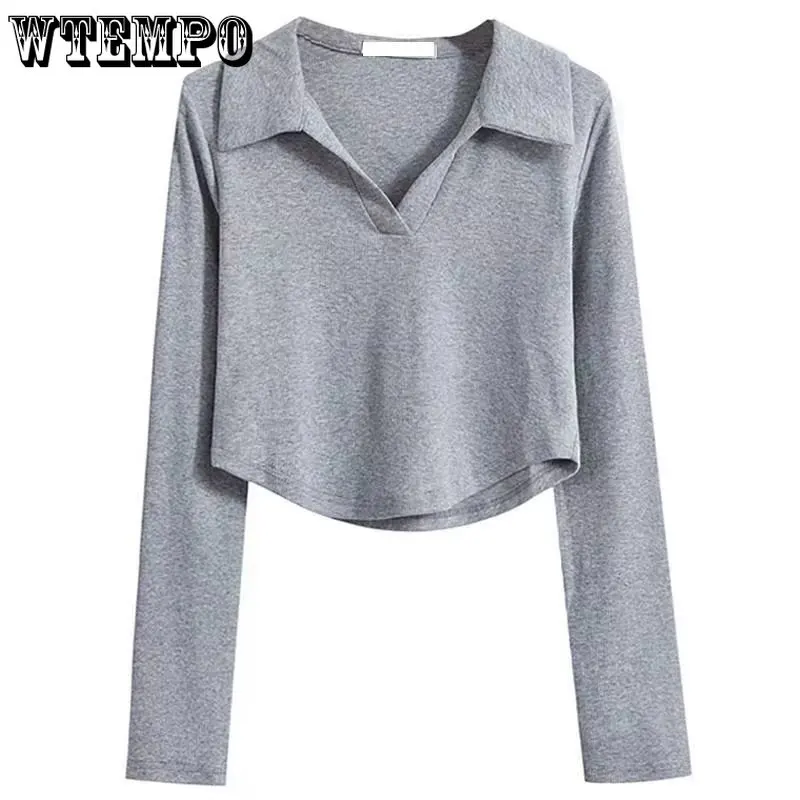

Long Sleeve V-neck Polo Shirt Simple Casual Women T-shirt Solid Color Basic Fund Inside Hottie Cropped Top PreppyStyle Wholesale