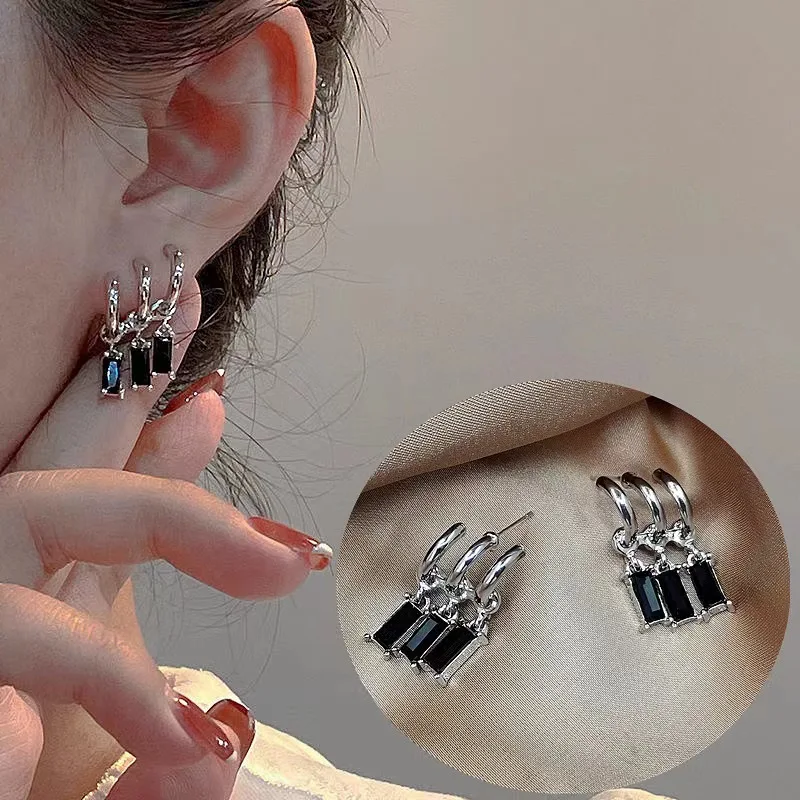 

European and American Style Elegant Simple Fashion Square Zircon Wild Tassel Temperament Crystal Diamond Earrings Nail Jewelry