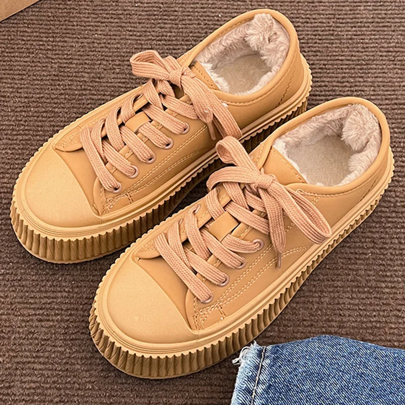 

Зимняя женская обувь, повседневная обувь на платформе, женские утепленные Нескользящие туфли, черные, бежевые модные женские туфли на плоск...