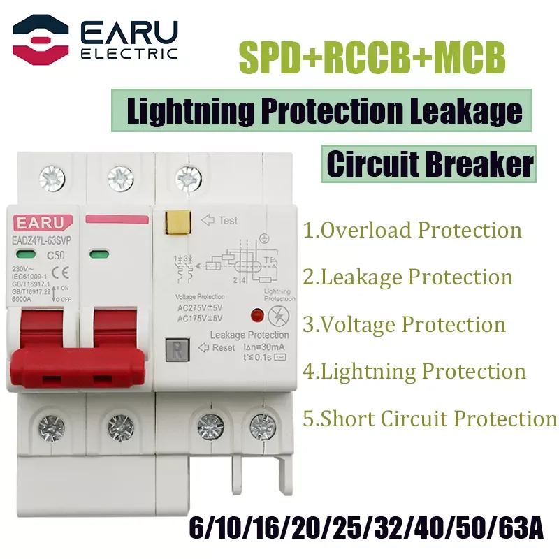 

230V 2P SPD Residual Current Circuit Breaker With Overload Overvoltage RCBO RCCB With Lightning Protection MCB Leakage Protector