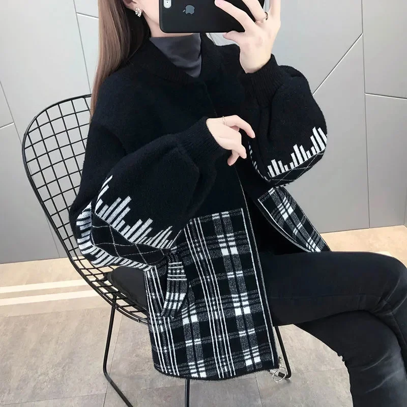 

Small Fragrant Wind Woolen Coat Women 2023 New Korean Spring Autumn Jacket Neck Plaid Zipper Overwear Female Knitted Cardigan Ti