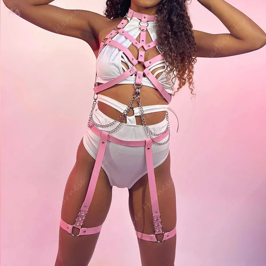 

Sexy Harness Lingerie for Women Pink PU Leather Pastel Goth Garter Belt Thigh Body Chain Bondage Bra Cage Fetish Underwear Rave