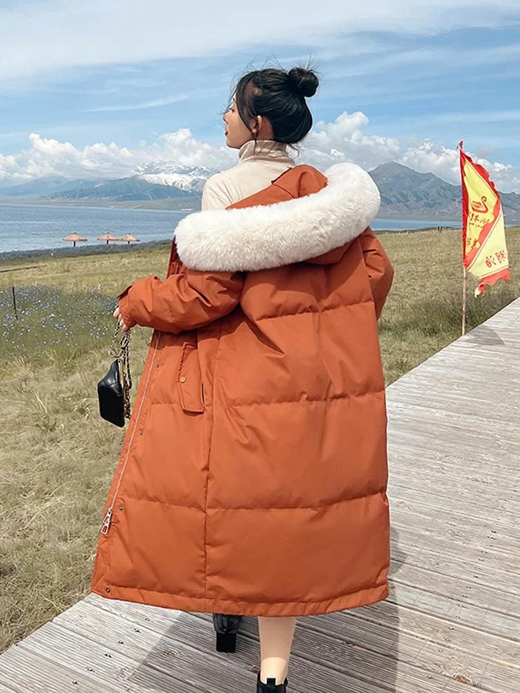 2022 Winter New Women Fur Hooded Long Jacket Parka Warm Cotton Padded Clothes Fashion Loose Coat Elegant Lady Outwear