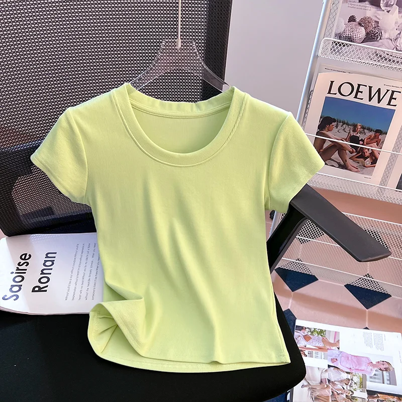 Женская футболка с коротким рукавом приталенный хлопковый топ и круглым вырезом
