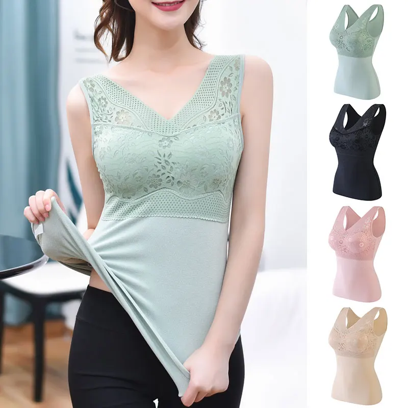 

Winter Thermal Tank Tops Women Soft Warm Thick Fleece Undershirt Stretch Velvet Thermal Vest Singlet Underwear With Bra Padded