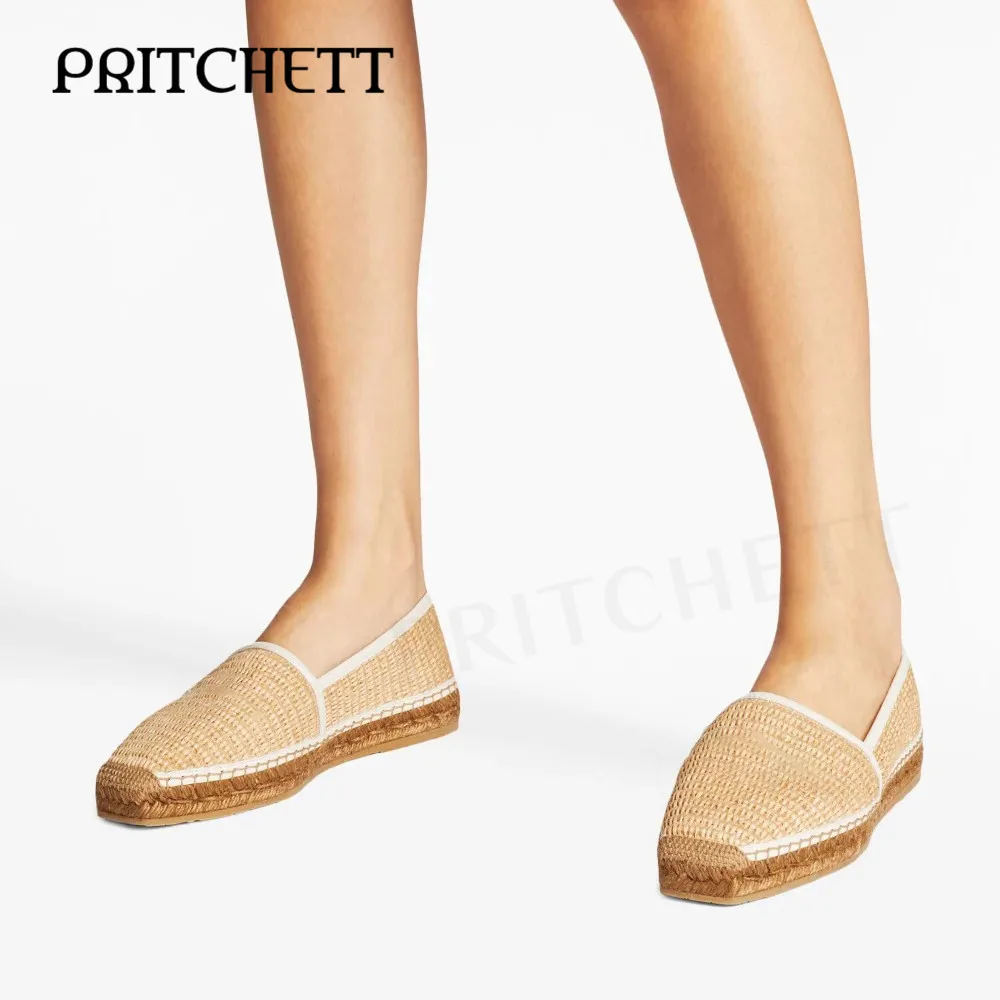 Rose Red Straw Woven Casual Flat Shoes Round Toe Straw Woven Mid-Heel Hollow Shoes Apricot Color Comfortable Daily Women's Shoes