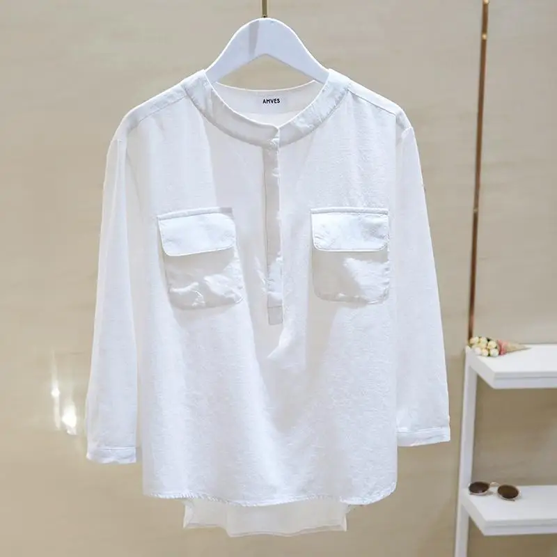 

Brief Shirts Women Casual Stand Collar Front Pockets Three Quarter Sleeve White Blouse Female Cotton Linen Tops All Matched