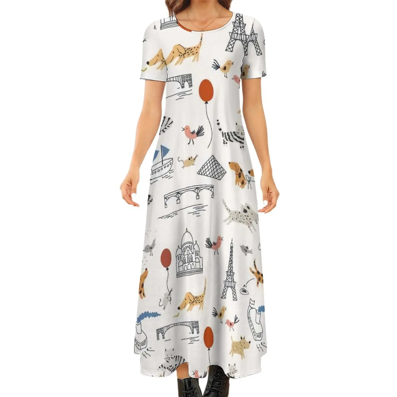 

Cute Puppy Dog Dress Cartoon Animal Print Vintage Maxi Dress Aesthetic Boho Beach Long Dresses Short Sleeve Oversize Clothes