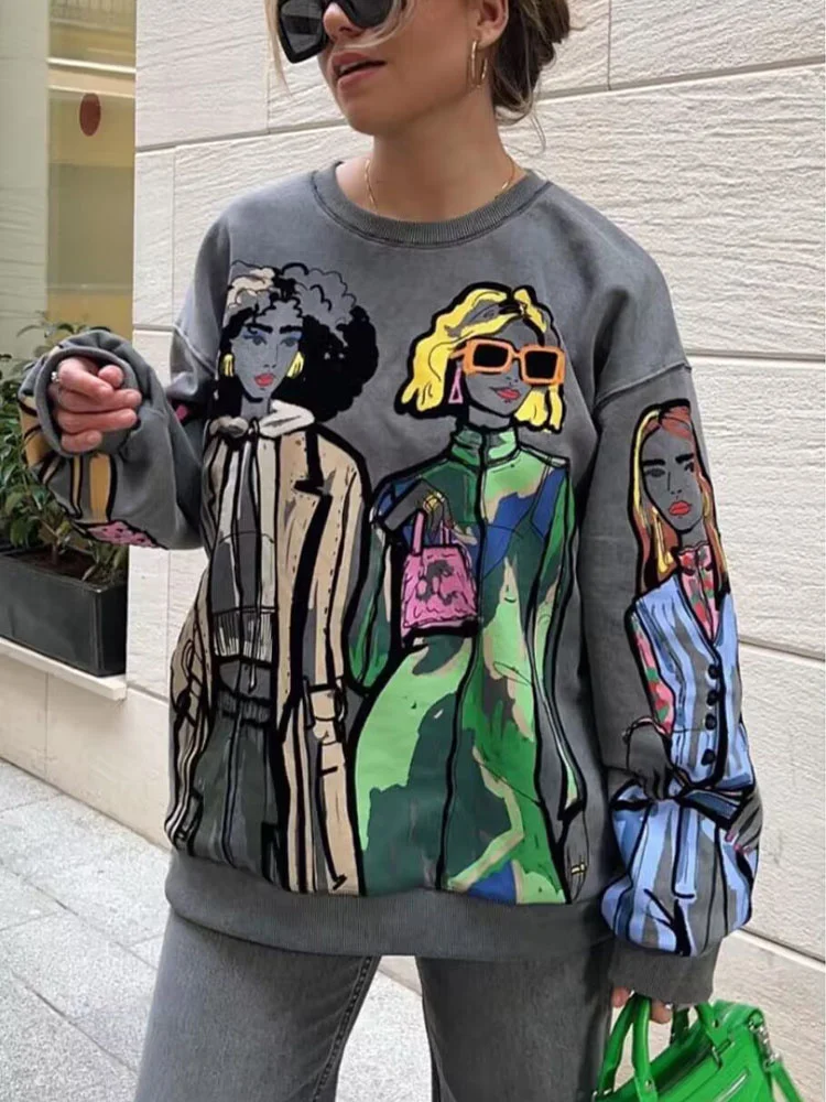 

Women 2023 spring New Fashion Loose printing Sweatshirts Vintage O Neck Long Sleeve Female Pullovers Chic Tops
