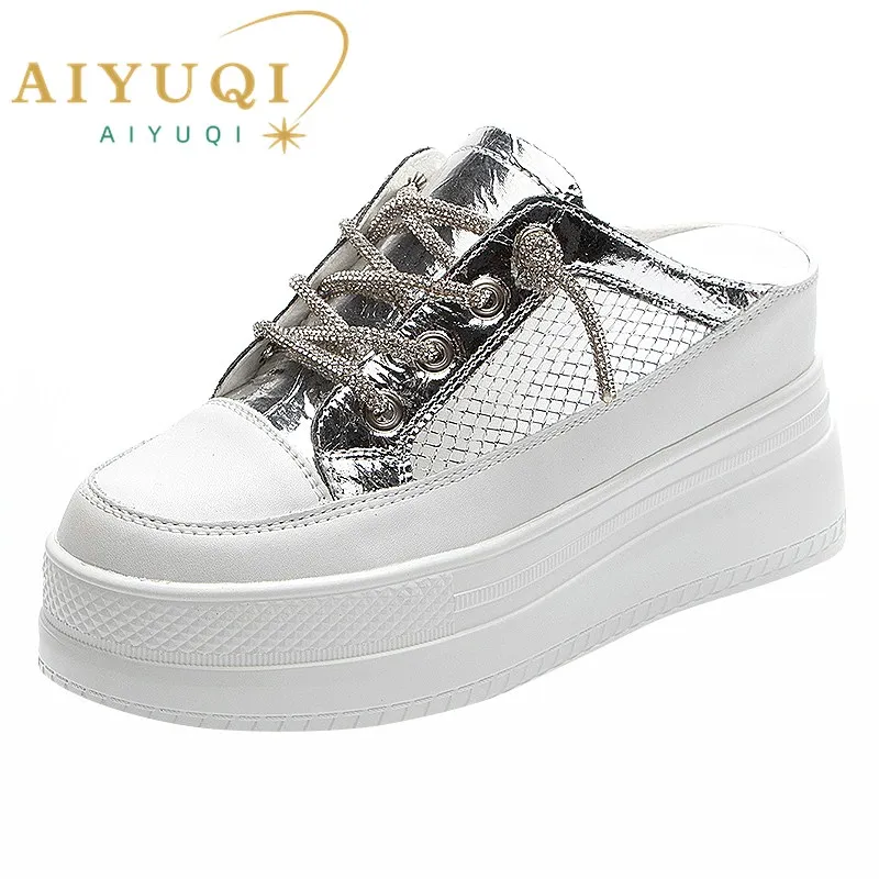 AIYUQI Slippers Women Platform High Heel Closed Toe Women Slippers Summer Mesh Hollow Women's Half Slippers