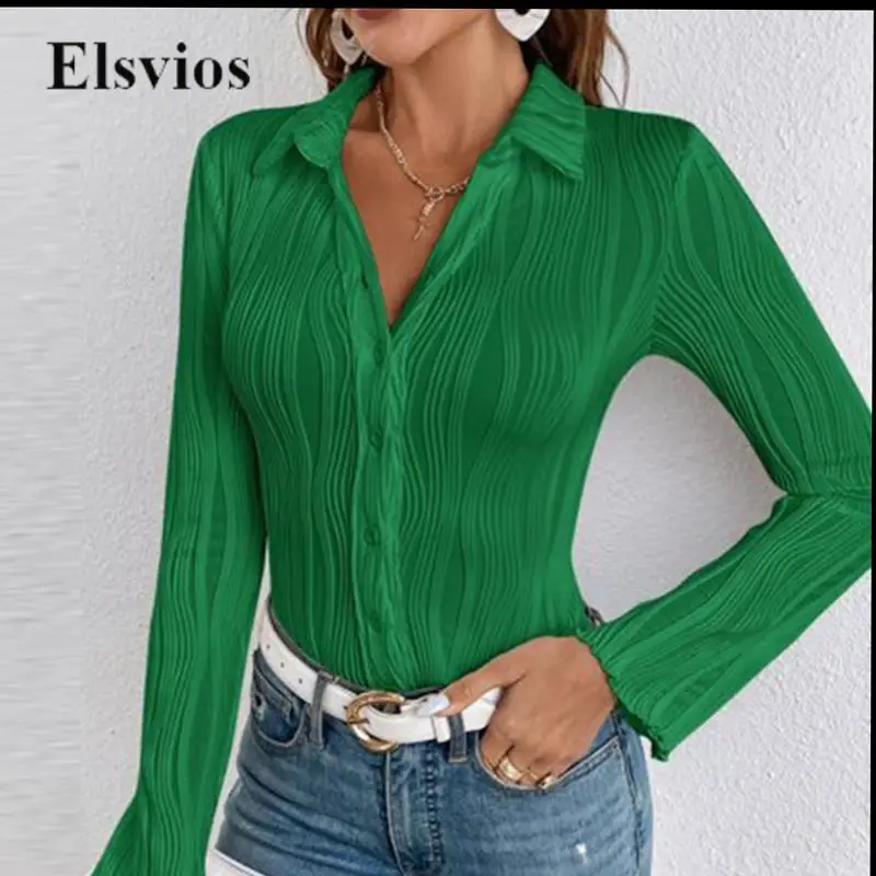 

Новая приталенная женская рубашка в рубчик в полоску, Элегантная блузка с отворотом и длинным рукавом, модные однобортные однотонные топы, блуза